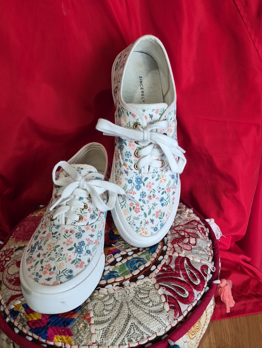 Floral Canvas Sneakers - White with Multicolor Floral Print- SINCERELY JULES